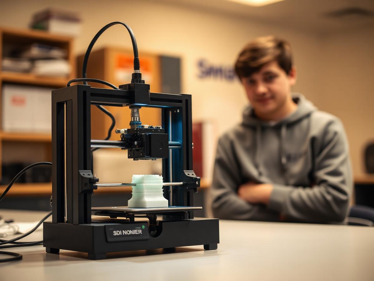Impressão 3D em andamento durante oficina maker