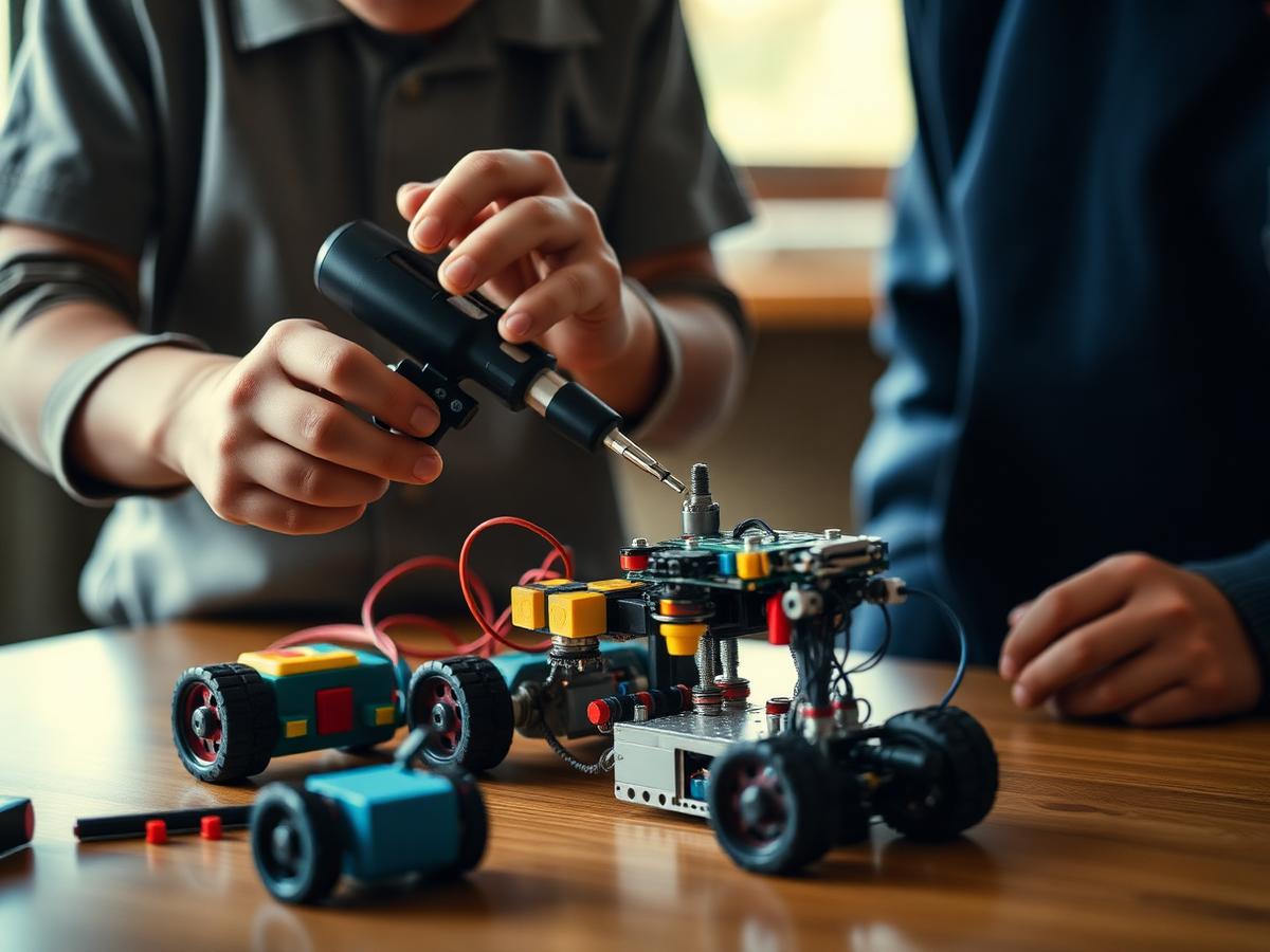 Estudantes montando um kit de robótica sobre a bancada