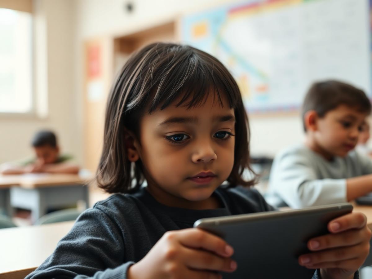 Criança utilizando tablet em atividade de programação