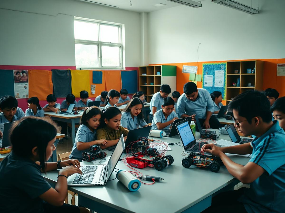 Turma em sala de aula durante atividade de tecnologia