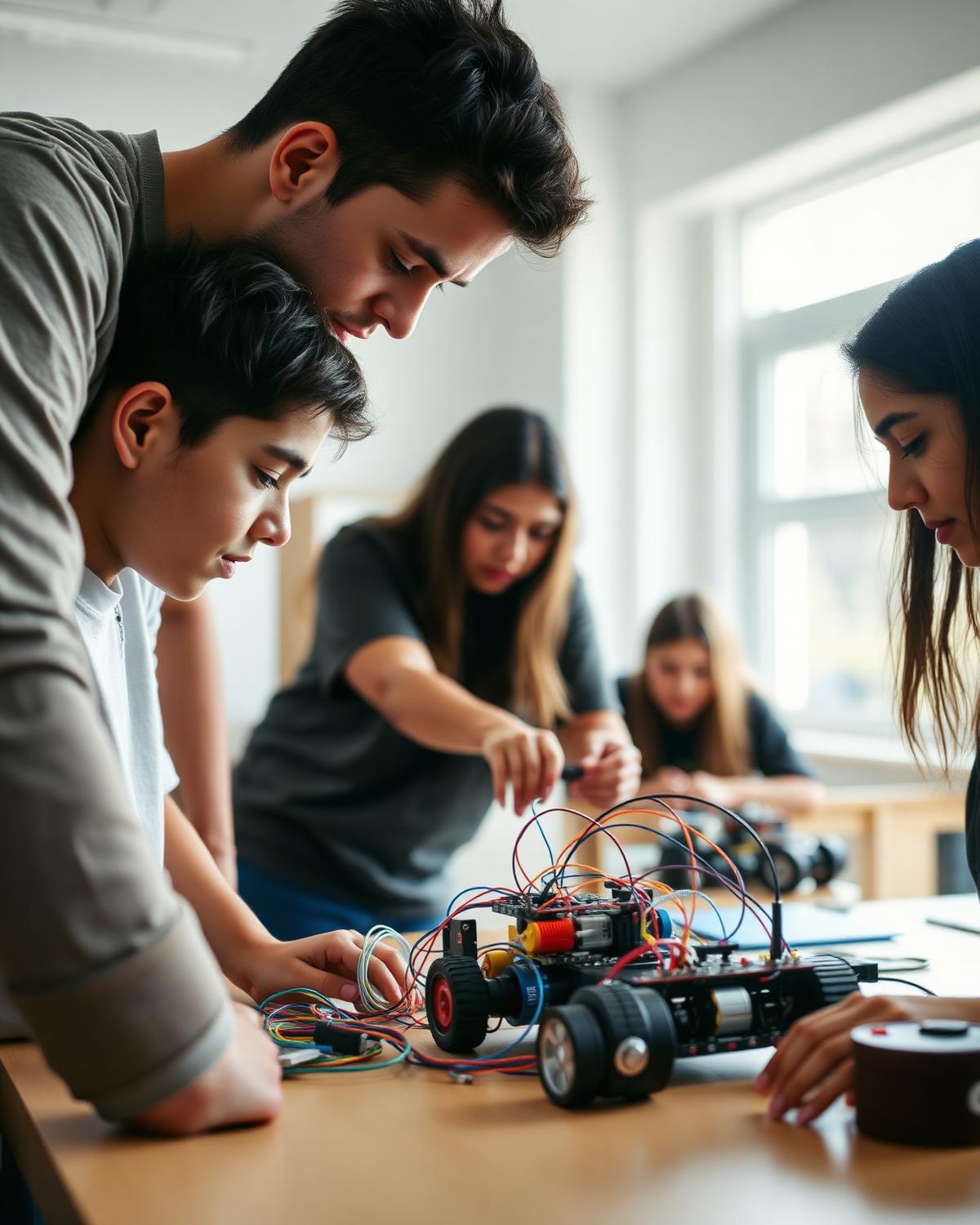 Estudantes trabalhando juntos em um projeto de robótica e eletrônica